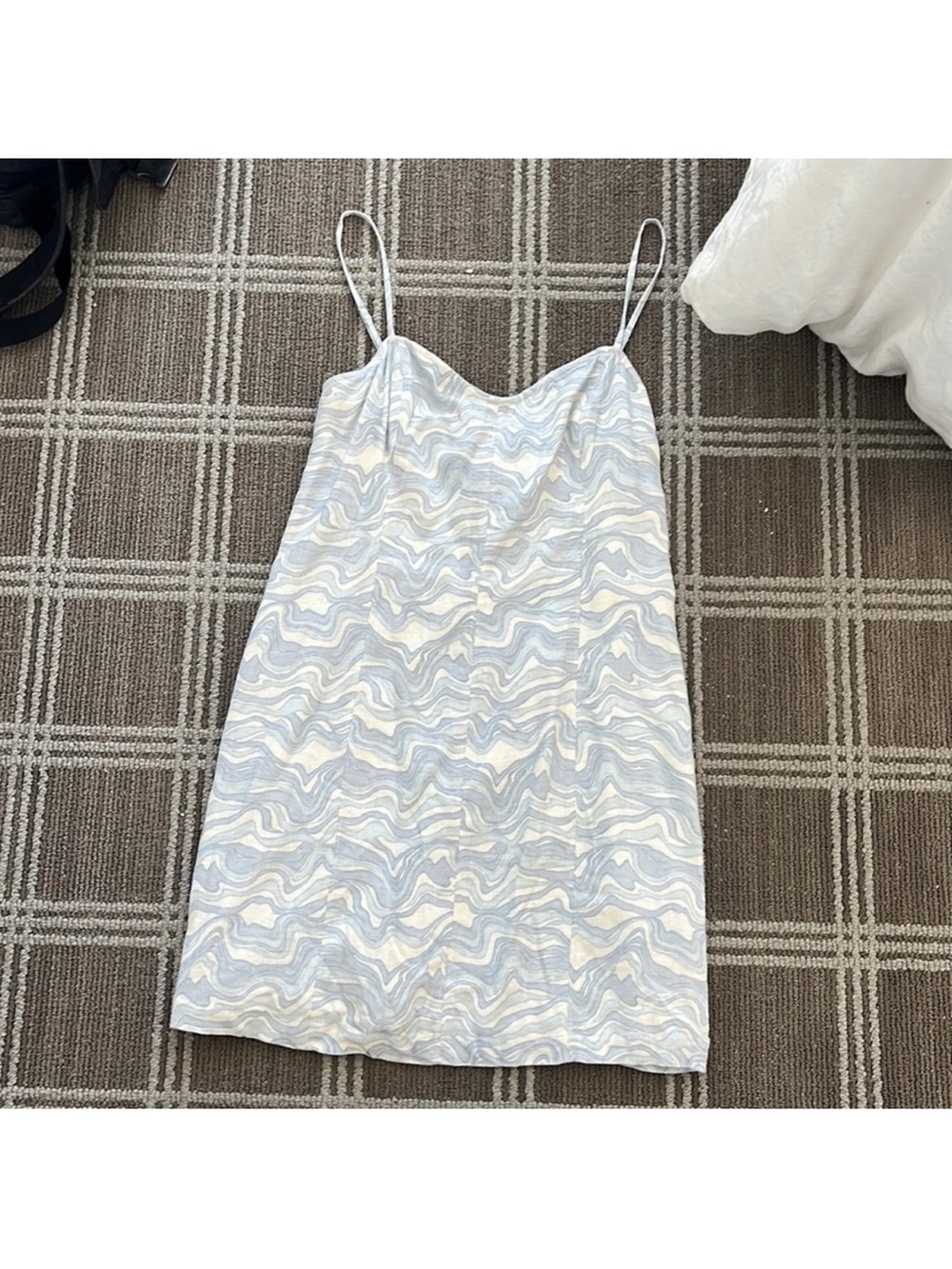 Abercrombie & Fitch Light Blue Print Corset Seemed Linen Blend Mini Dress